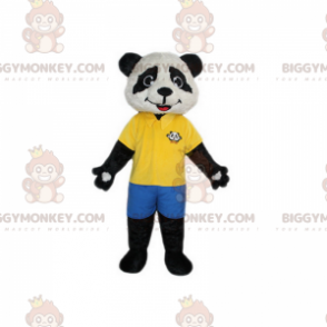 Panda BIGGYMONKEY™ maskottiasu, jossa on keltainen poolo ja