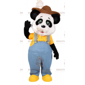 BIGGYMONKEY™ Mascot Costume of Panda in Blue Overalls and Brown
