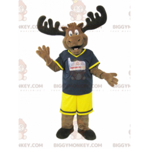 Καφέ Caribou Moose κοστούμι μασκότ BIGGYMONKEY™ σε μαύρο και κίτρινο ντύσιμο - Μασκότ ελαφιών και ελαφιών - BiggyMonkey.com