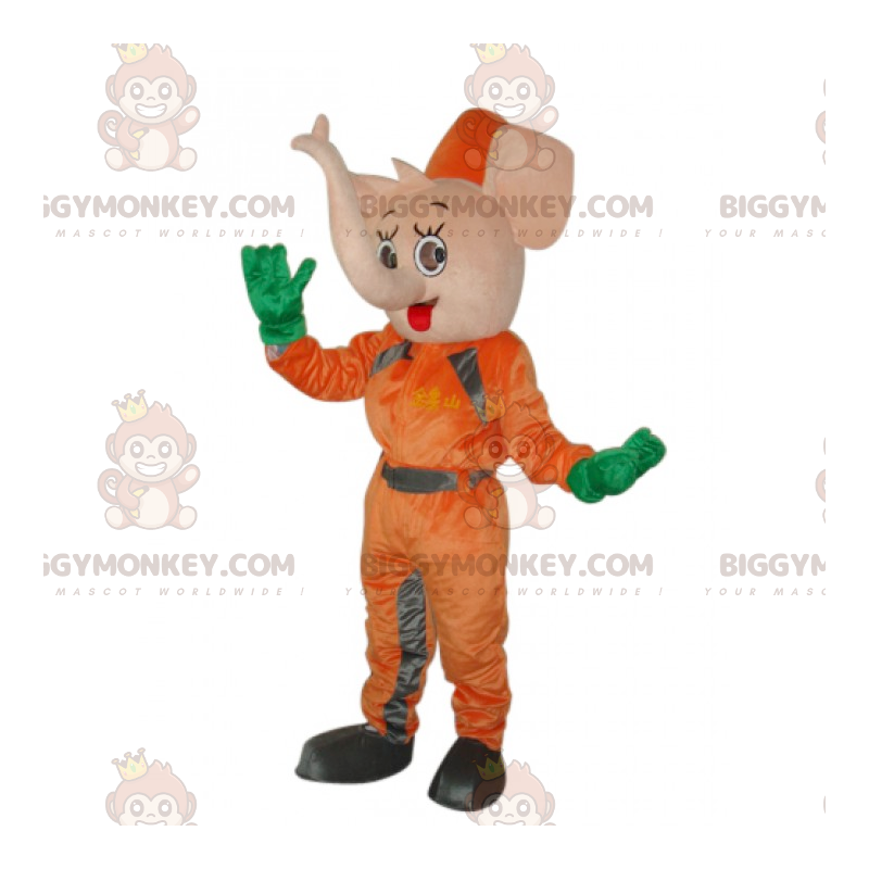 BIGGYMONKEY™ Mascot Costume of Pink Elephant in Orange Jumpsuit BIGGYMONKEY™ Mascot Costume of Pink Elephant in Orange Jumpsuit