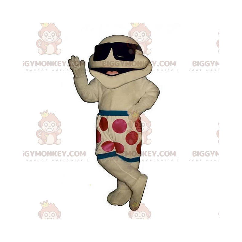 BIGGYMONKEY™ karakter mascotte kostuum in zwemshort en donkere BIGGYMONKEY™ karakter mascotte kostuum in zwemshort en donkere