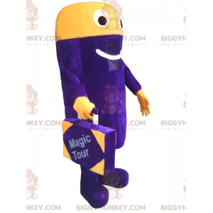 Kostým BIGGYMONKEY™ fialový a žlutý maskot sněhulák s kufrem –