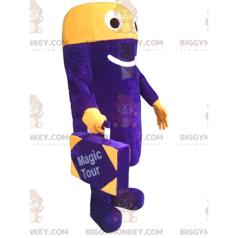 BIGGYMONKEY™ lila och gul snögubbemaskotdräkt med resväska - Maskot för män - BIGGYMONKEY_0200 - BiggyMonkey.com