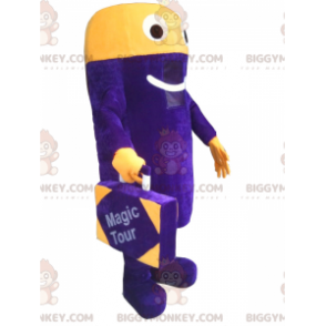 Kostým BIGGYMONKEY™ fialový a žlutý maskot sněhulák s kufrem –