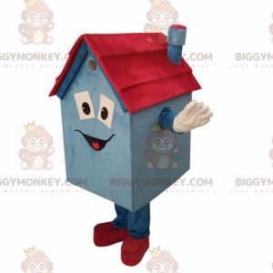 Blaues und rotes kleines Haus BIGGYMONKEY™ Maskottchen-Kostüm