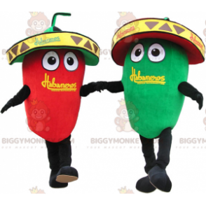 Red and Green Chilli BIGGYMONKEY™ Mascot Costume with Sombreros - Food mascot - BIGGYMONKEY_016573 - BiggyMonkey.com