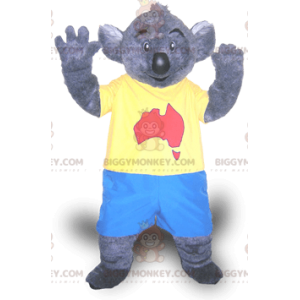 BIGGYMONKEY™ maskotkostume af grå koala i blåt og gult outfit -