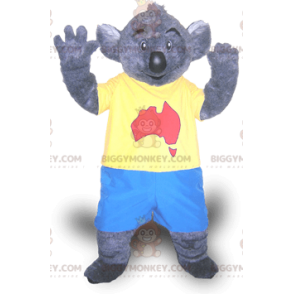 Στολή μασκότ BIGGYMONKEY™ με γκρι κοάλα σε μπλε και κίτρινο ρούχο - Μασκότ κοάλα - BIGGYMONKEY_02040 - BiggyMonkey.com