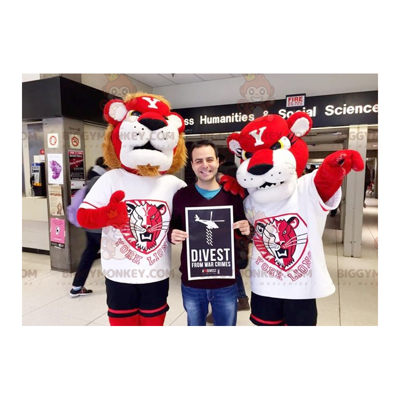Duo de mascottes BIGGYMONKEY™ de lion et de lionne rouge et Duo de mascottes BIGGYMONKEY™ de lion et de lionne rouge et