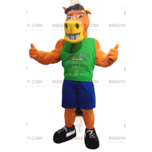 Traje de mascote Orange Horse BIGGYMONKEY™ com roupa azul e