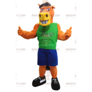 Orangefarbenes BIGGYMONKEY™-Pferd-Maskottchen-Kostüm mit blauem