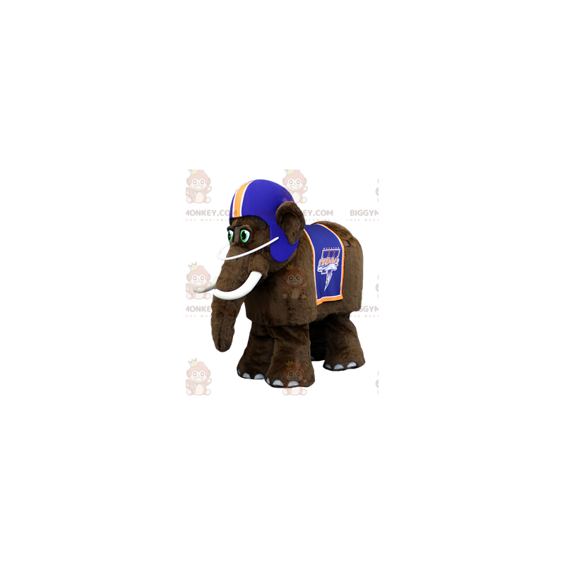 Ruskea Mammoth BIGGYMONKEY™ maskottiasu sinisellä kypärällä - Kadonneet eläinmaskotit - BIGGYMONKEY_02052 - BiggyMonkey.com