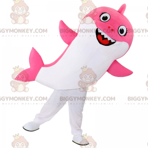 Kostým maskota s úsměvem růžového žraloka BIGGYMONKEY™ –