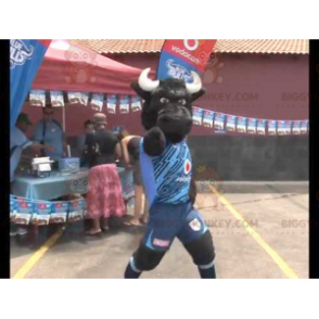 Costume de mascotte BIGGYMONKEY™ de taureau noir de buffle en tenue de sport - Mascottes Vache - BiggyMonkey.com