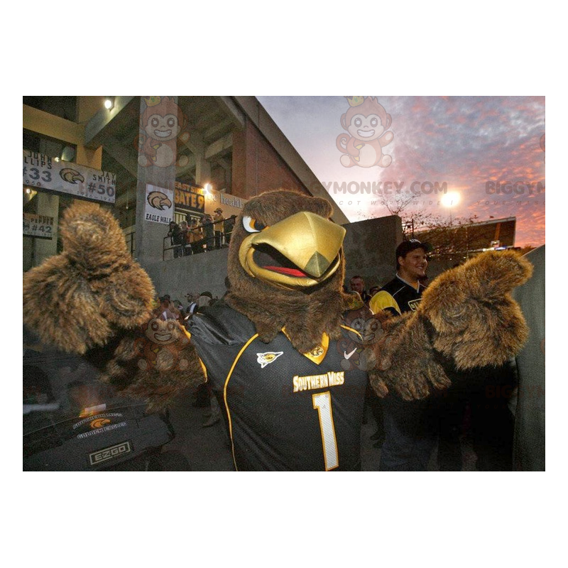 Brown Eagle BIGGYMONKEY™ maskotkostume i sort sportstøj - Brown Eagle BIGGYMONKEY™ maskotkostume i sort sportstøj -