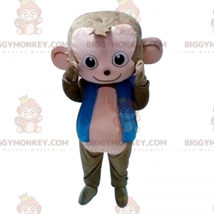 BIGGYMONKEY™ maskotkostume Grå og lyserød abe med blå jakke -
