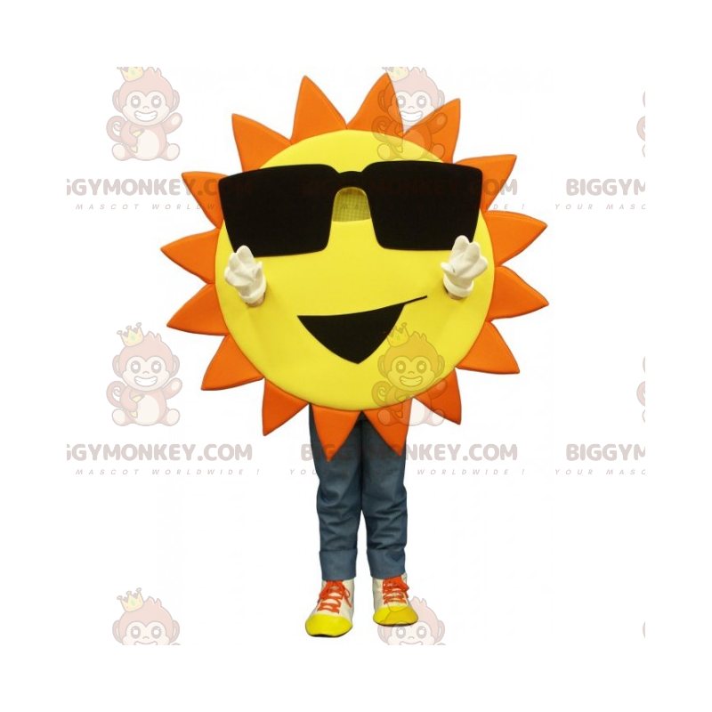 Traje de mascote Sun BIGGYMONKEY™ com óculos grandes e sorriso Traje de mascote Sun BIGGYMONKEY™ com óculos grandes e sorriso
