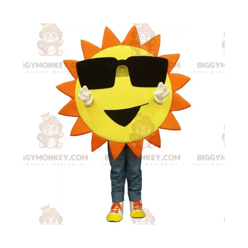 Traje de mascote Sun BIGGYMONKEY™ com óculos grandes e sorriso Traje de mascote Sun BIGGYMONKEY™ com óculos grandes e sorriso