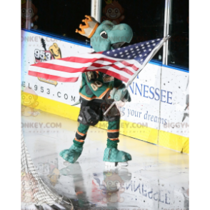 Green Turtle BIGGYMONKEY™ Mascot Costume with Crown and Hockey
