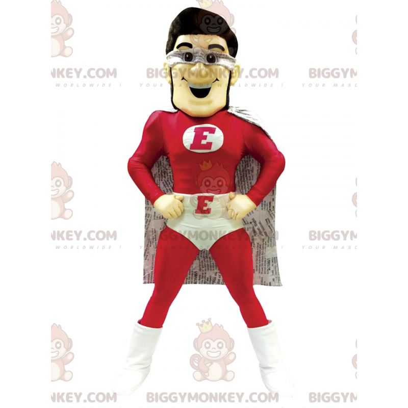 Traje de mascota de superhéroe BIGGYMONKEY™ Traje rojo y blanco Traje de mascota de superhéroe BIGGYMONKEY™ Traje rojo y blanco