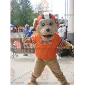Brun hund BIGGYMONKEY™ Maskotdräkt med hjälm och orange T-shirt