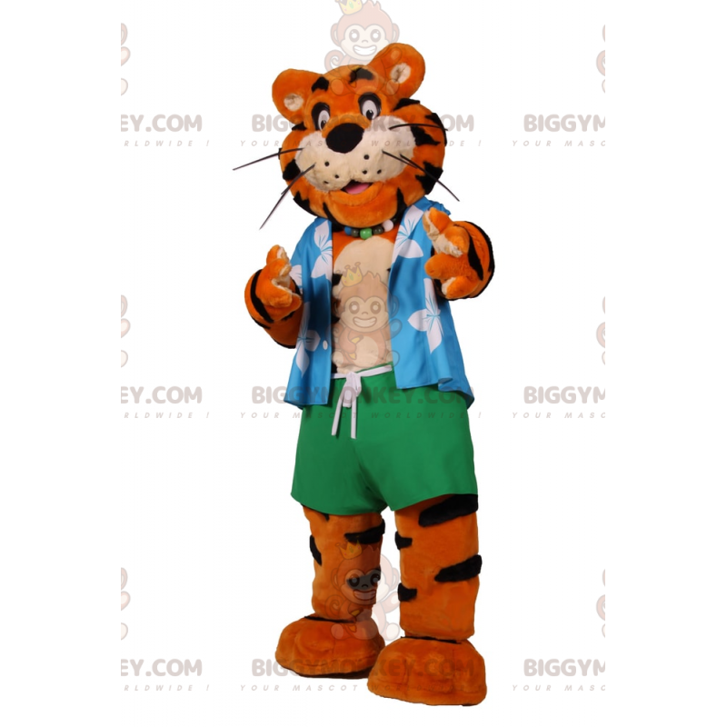 Costume da mascotte Tiger BIGGYMONKEY™ con costume da spiaggia Costume da mascotte Tiger BIGGYMONKEY™ con costume da spiaggia