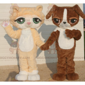 2 BIGGYMONKEY™s maskot en orange og hvid kat og en brun og hvid hund - Hunde maskoter - BIGGYMONKEY_02082 - BiggyMonkey.com