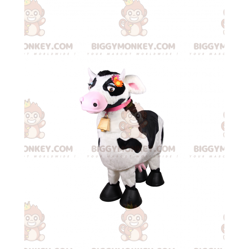 Kostým maskota Cow BIGGYMONKEY™ s růžovým límcem a zvonkem – Kostým maskota Cow BIGGYMONKEY™ s růžovým límcem a zvonkem –