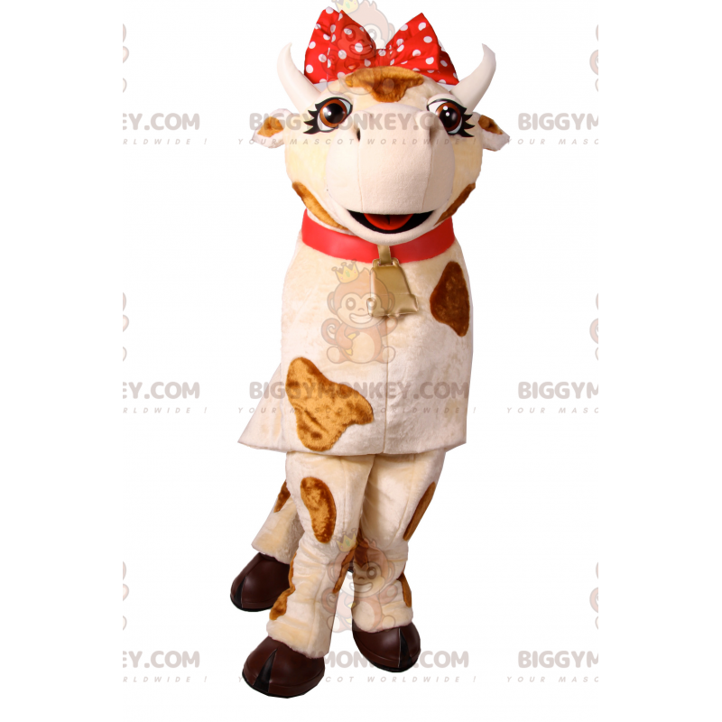 Disfraz de mascota vaca BIGGYMONKEY™ con lazo rojo y cascabel - Disfraz de mascota vaca BIGGYMONKEY™ con lazo rojo y cascabel -