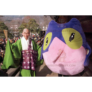 Traje de mascote de coruja pássaro azul rosa e verde