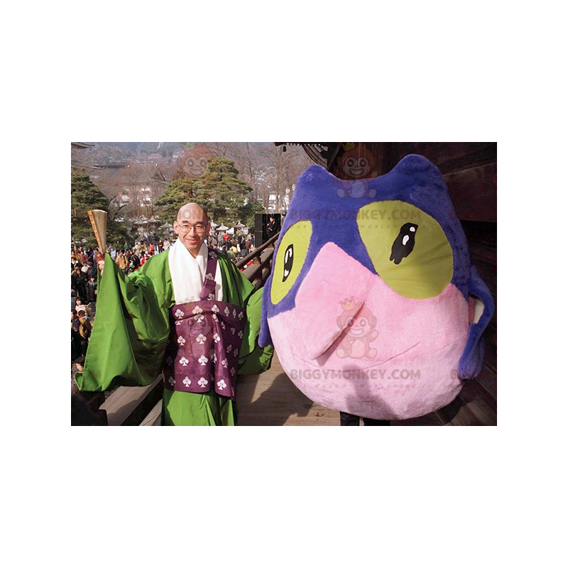 Traje de mascote de coruja pássaro azul rosa e verde Traje de mascote de coruja pássaro azul rosa e verde