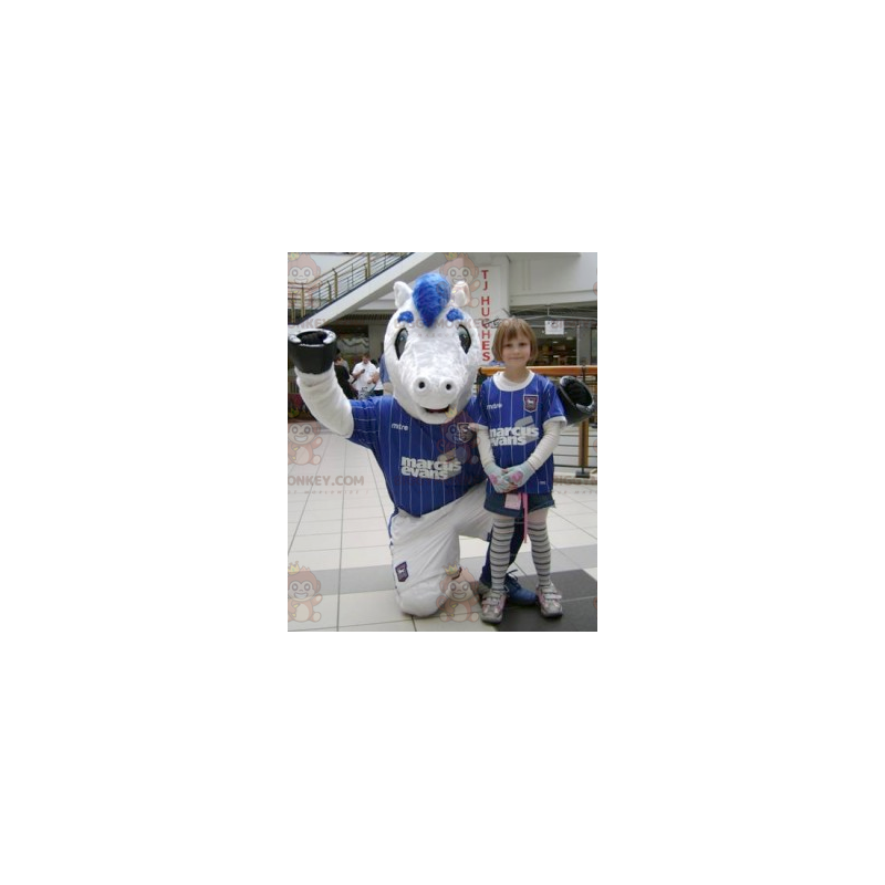 Weißes und blaues Pony BIGGYMONKEY™ Maskottchen-Kostüm in Weißes und blaues Pony BIGGYMONKEY™ Maskottchen-Kostüm in
