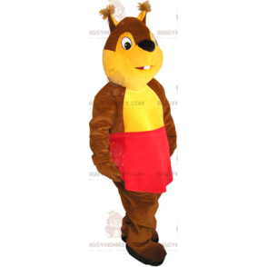 Squirrel BIGGYMONKEY™ maskottiasu punaisella esiliinalla -
