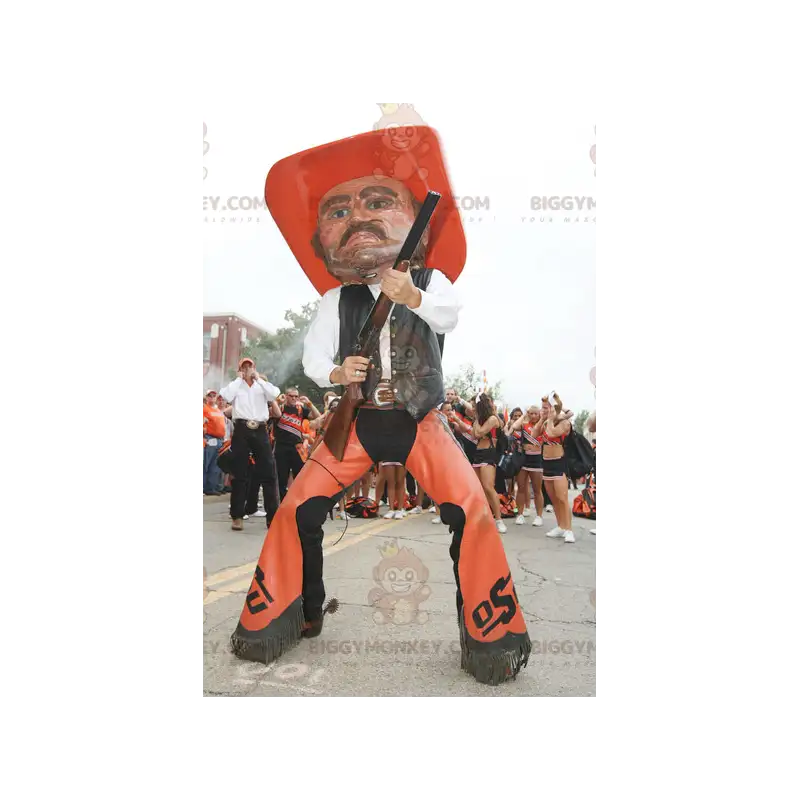 Στολή μασκότ Cowboy BIGGYMONKEY™ σε πορτοκαλί και μαύρο Στολή μασκότ Cowboy BIGGYMONKEY™ σε πορτοκαλί και μαύρο