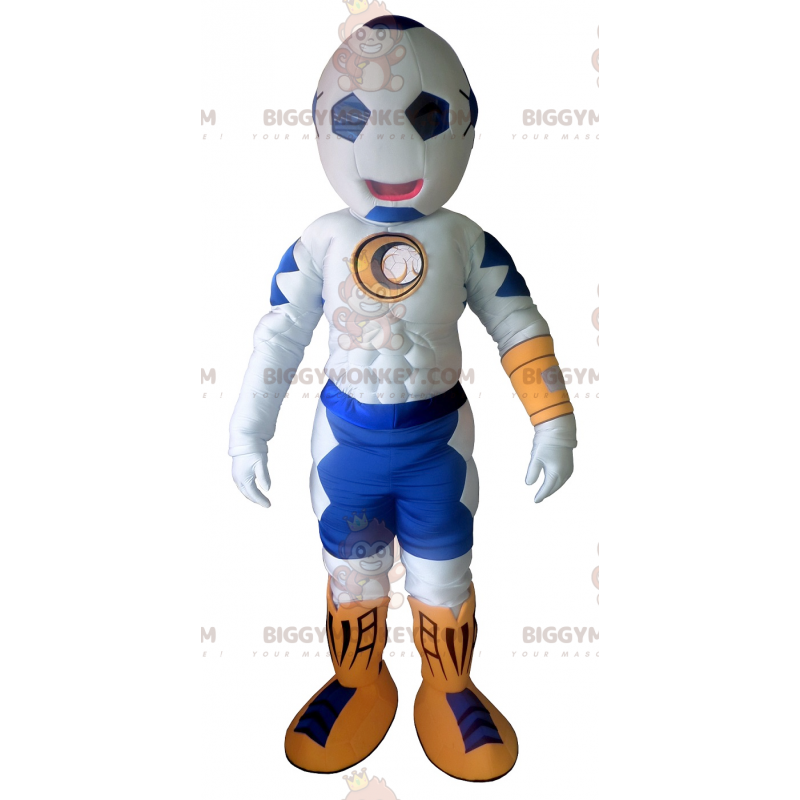 Bílo-modrý kostým maskota BIGGYMONKEY™ s balónovou hlavou –