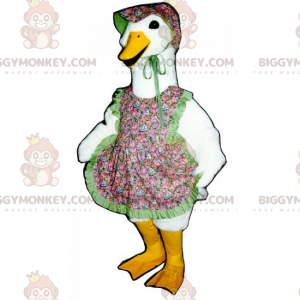 Στολή μασκότ Goose BIGGYMONKEY™ με ποδιά λουλουδιών και καπέλο - Μασκότ Κοτόπουλα - Πετεινές - Κοτόπουλα - BiggyMonkey.com