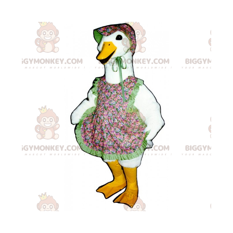 Kostým maskota husy BIGGYMONKEY™ s květinovou zástěrou a Kostým maskota husy BIGGYMONKEY™ s květinovou zástěrou a