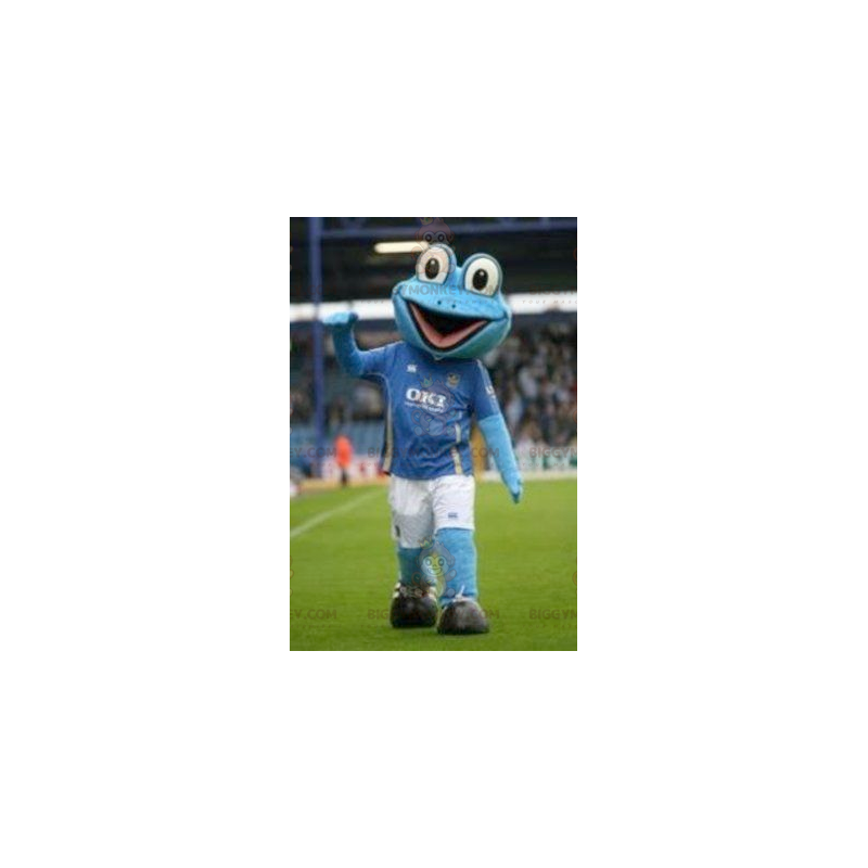 Costume de mascotte BIGGYMONKEY™ de grenouille bleue en tenue Costume de mascotte BIGGYMONKEY™ de grenouille bleue en tenue