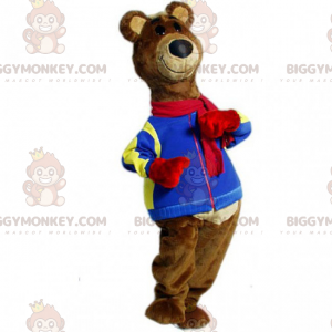 BIGGYMONKEY™ Bear Mascot Costume with Brown Hair and Blue