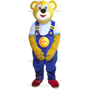 Bär BIGGYMONKEY™ Maskottchenkostüm mit blauem Overall -