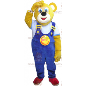 Bär BIGGYMONKEY™ Maskottchenkostüm mit blauem Overall -