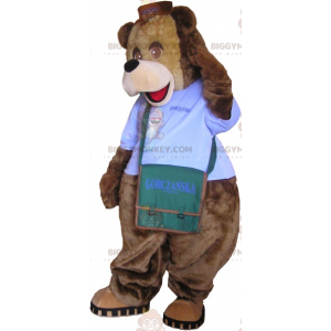 Karhun BIGGYMONKEY™ maskottiasu asulla ja laukkulla -