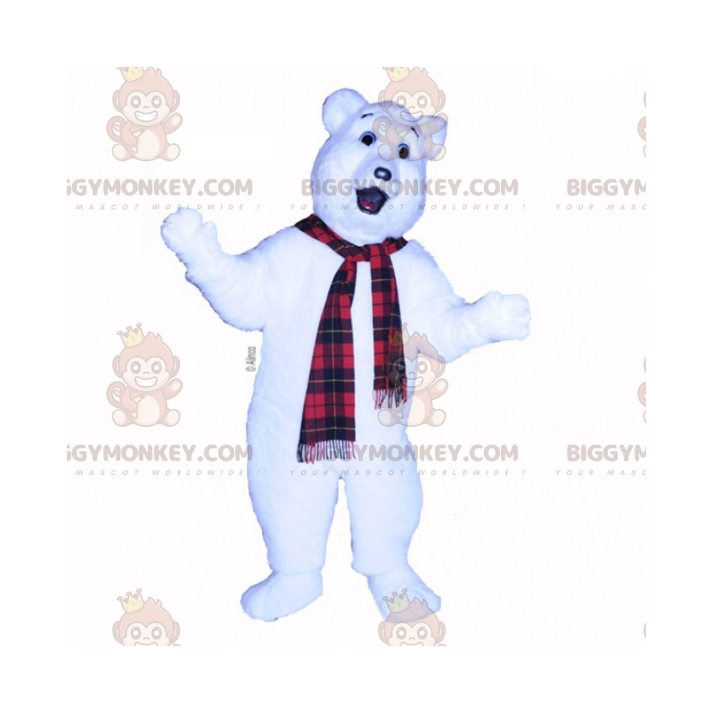 Disfraz de mascota de oso polar BIGGYMONKEY™ con bufanda a Disfraz de mascota de oso polar BIGGYMONKEY™ con bufanda a