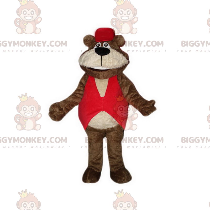 Soft Bear BIGGYMONKEY™ maskottiasu punaisella takilla - Soft Bear BIGGYMONKEY™ maskottiasu punaisella takilla -