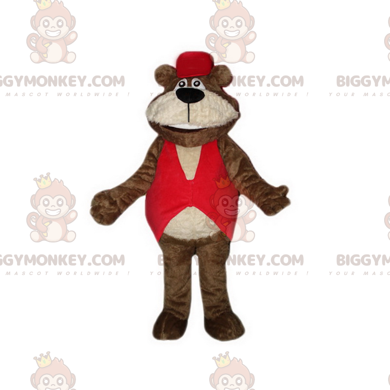 Traje de mascote Soft Bear BIGGYMONKEY™ com jaqueta vermelha –
