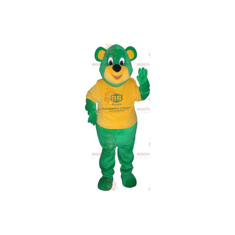 Green Bear BIGGYMONKEY™ maskottiasu oranssilla T-paidalla - Green Bear BIGGYMONKEY™ maskottiasu oranssilla T-paidalla -