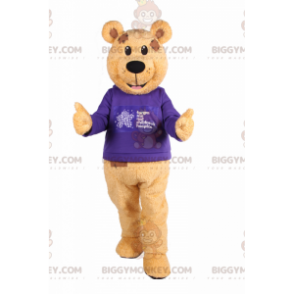 Bär BIGGYMONKEY™ Maskottchenkostüm mit lila Pullover -