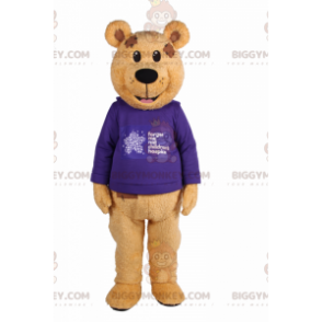 Bär BIGGYMONKEY™ Maskottchenkostüm mit lila Pullover -