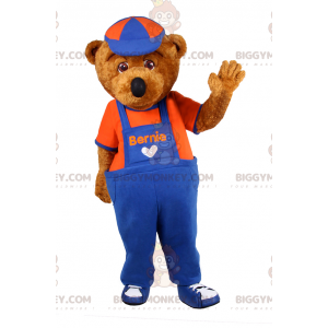 BIGGYMONKEY™ Bjørnemaskotkostume i overalls og kasket -