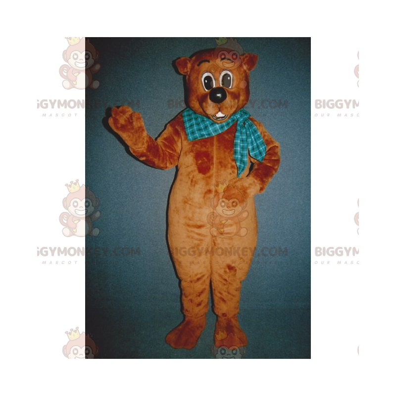 BIGGYMONKEY™ Maskotdräkt Brun björnunge med blå plädscarf - BIGGYMONKEY™ Maskotdräkt Brun björnunge med blå plädscarf -